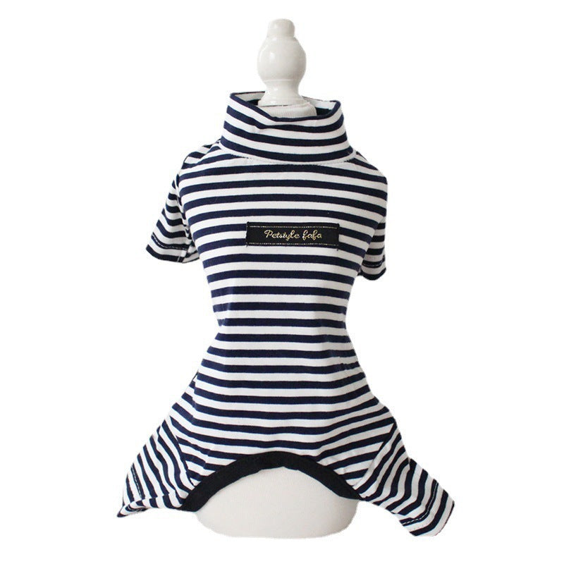 Navy and white striped pet dress on a mannequin with 'Petalo Elega' branding.