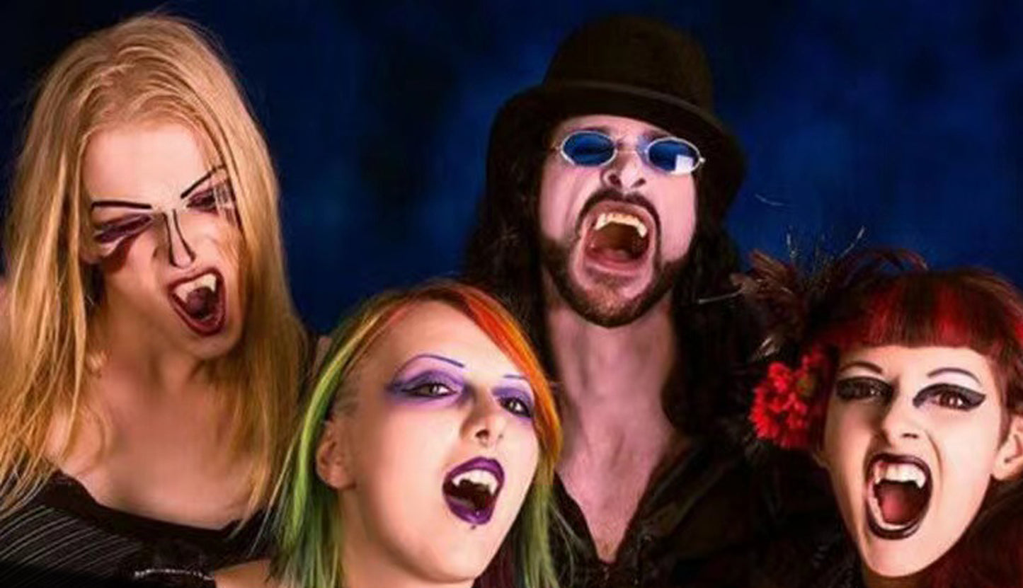 Four people with dramatic makeup and costumes against a dark background
