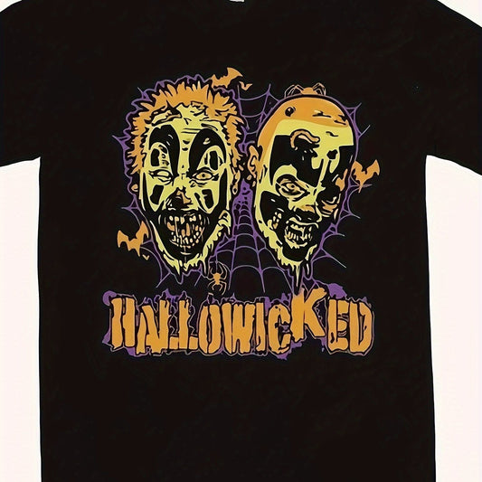 Black t-shirt with Halloween-themed design featuring two faces and 'Hallowicked' text.