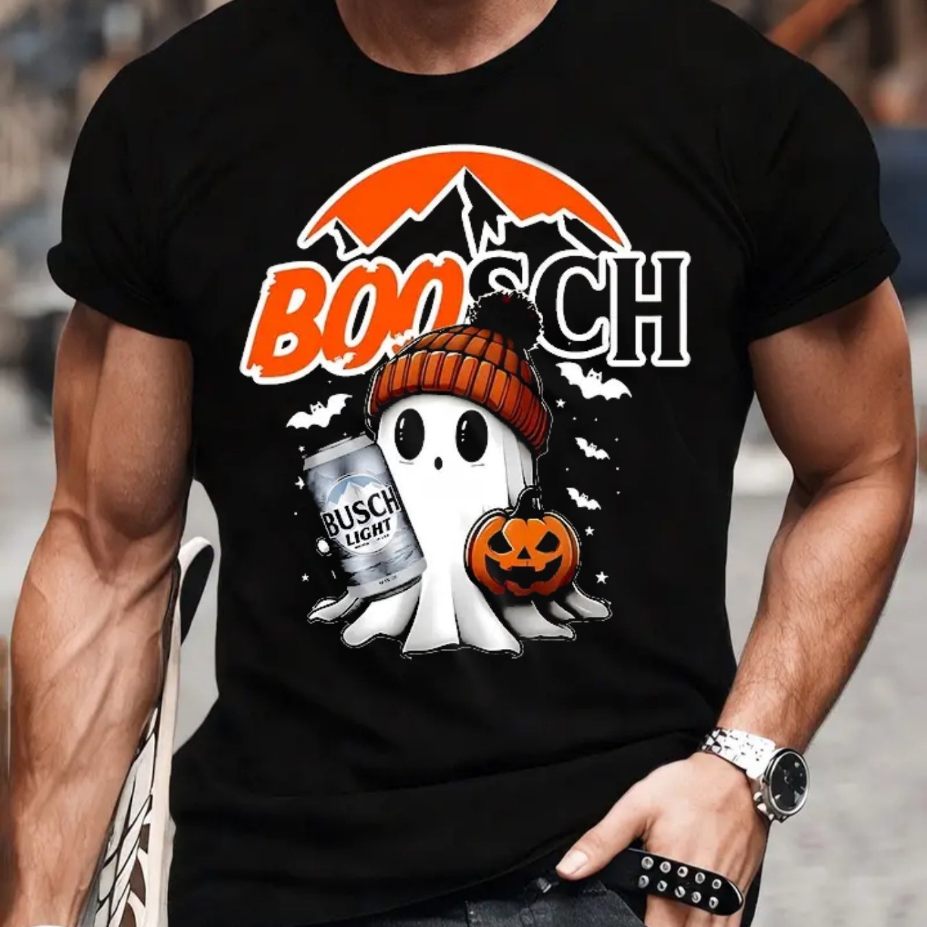 Black t-shirt with Halloween-themed design featuring a ghost, pumpkin, and Busch Light can.