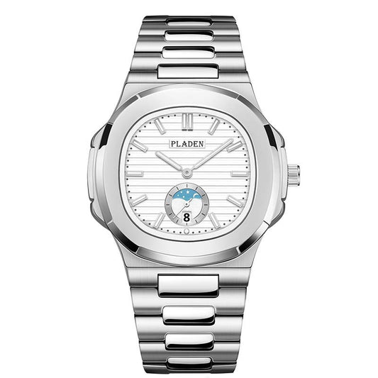 Silver watch with a white face on a white background