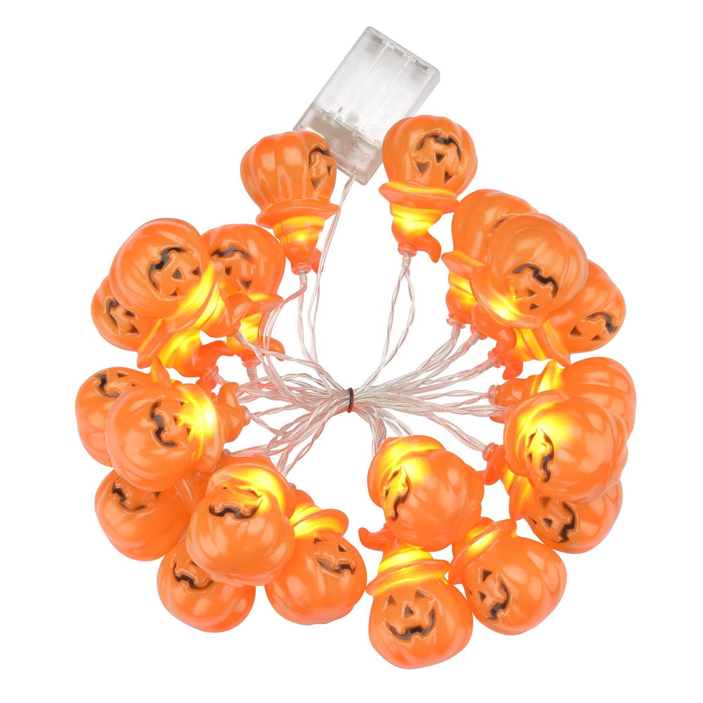 String of LED lights shaped like pumpkins on a white background