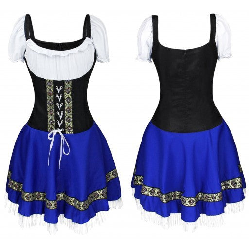 Traditional Bavarian dress with black bodice, white sleeves, and blue skirt on a white background