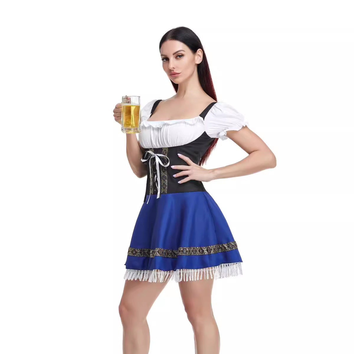 Woman in a traditional Bavarian dress holding a glass of beer on a white background
